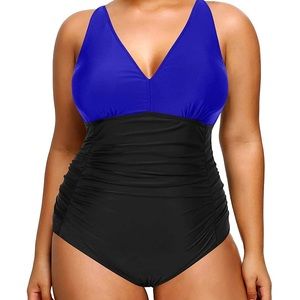 Aqua Eve blue and black swimsuit with V-neck collar